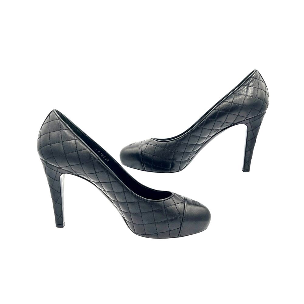 Chanel Quilted Lambskin Cap Toe Platform CC Heels 38.5 Black Stiletto Pumps